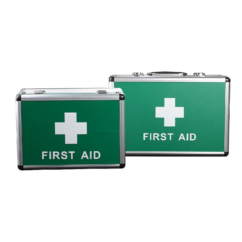 Caja de primeros auxilios vacía de aluminio y metal de emergencia médica con cinturón