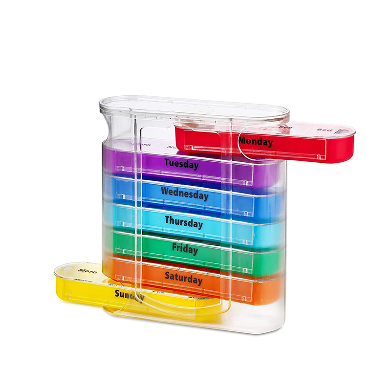 Colorido dispensador de pastillas semanal cuatro veces al día con compartimentos apilables